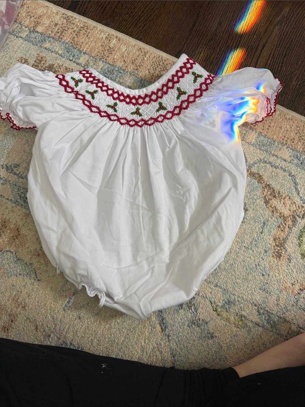 Classic White Smocked Baby One-Piece with Red Trim